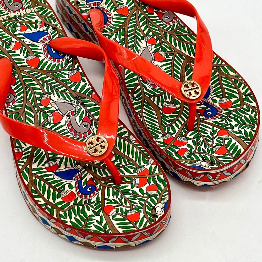 Tory Burch Women's Sz 8/39 Cut Out Wedge Platform Flip-Flop Spicy Orange Wild - Picture 2 of 9